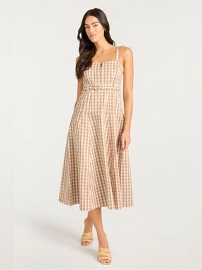 NWT Cinq à Sept Tina Gingham Belted Denim Sundress Sz 2 in LIGHT PLASTER
